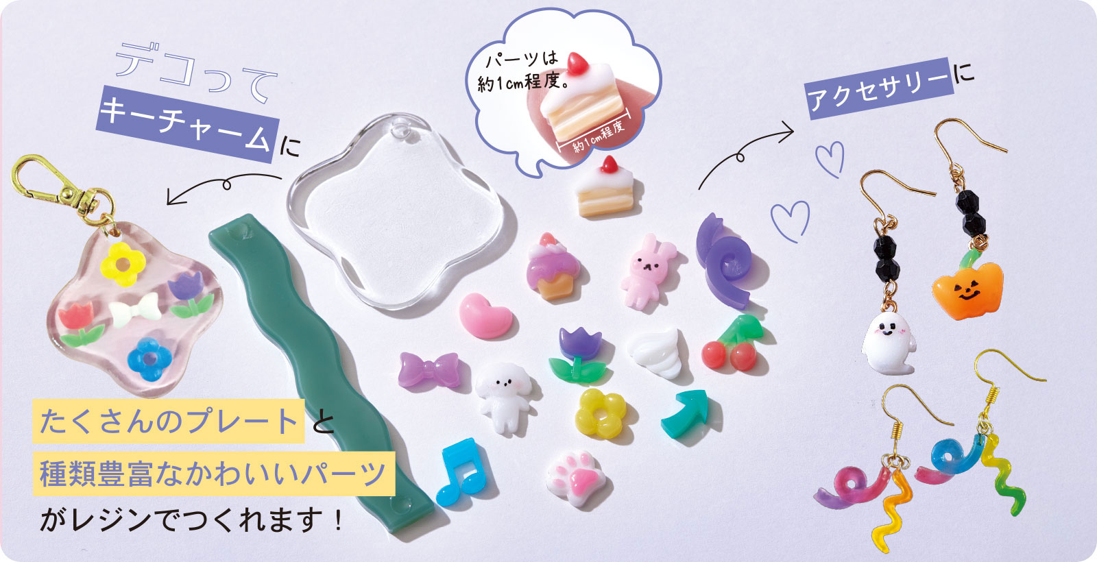 デコってキーチャームにアクセサリーに たくさんのプレート種類豊富なかわいいパーツがレジンでつくれます！