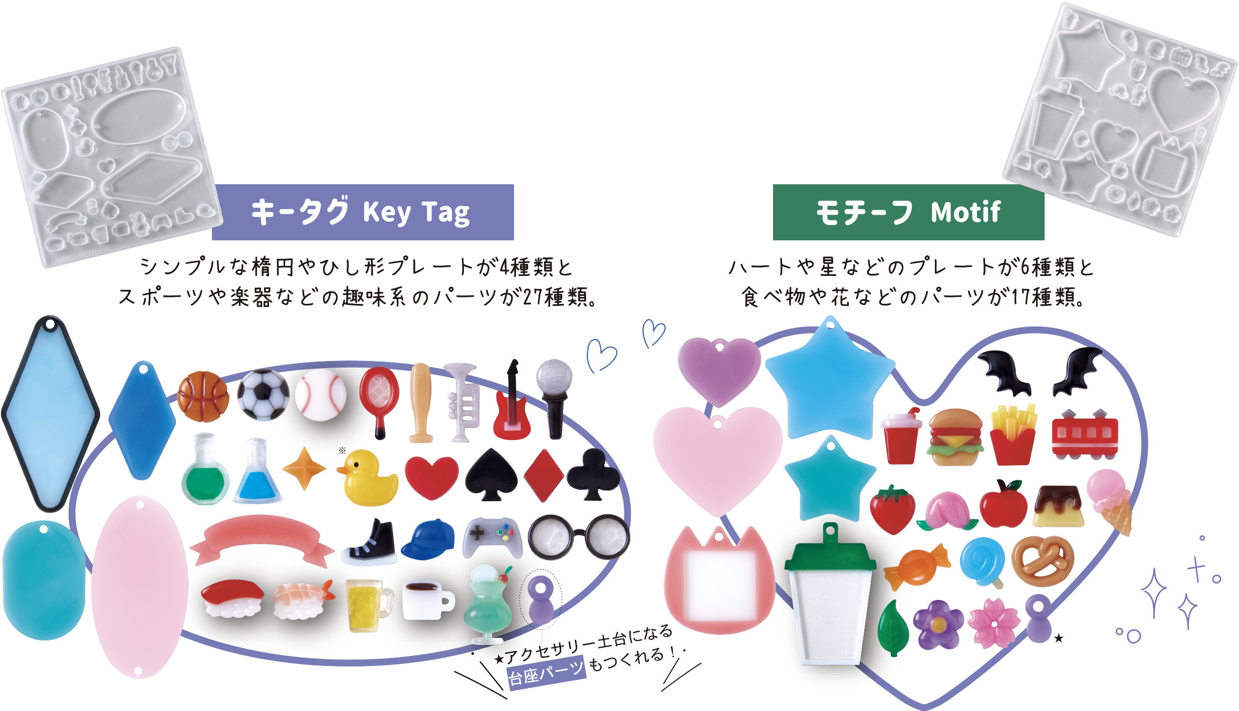 キータグ シンプルな楕円やひし形プレートが4種類とポーツや楽器などの趣味系のパーツが27種類。 モチーフ ハートや星などのプレートが6種類と食べ物や花などのパーツが17種類。